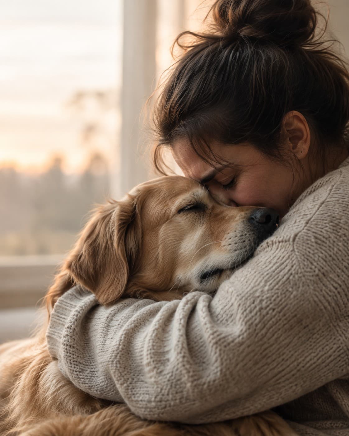 A woman with her eyes closed, holding her golden retriever close to her cheek by a window at dusk.