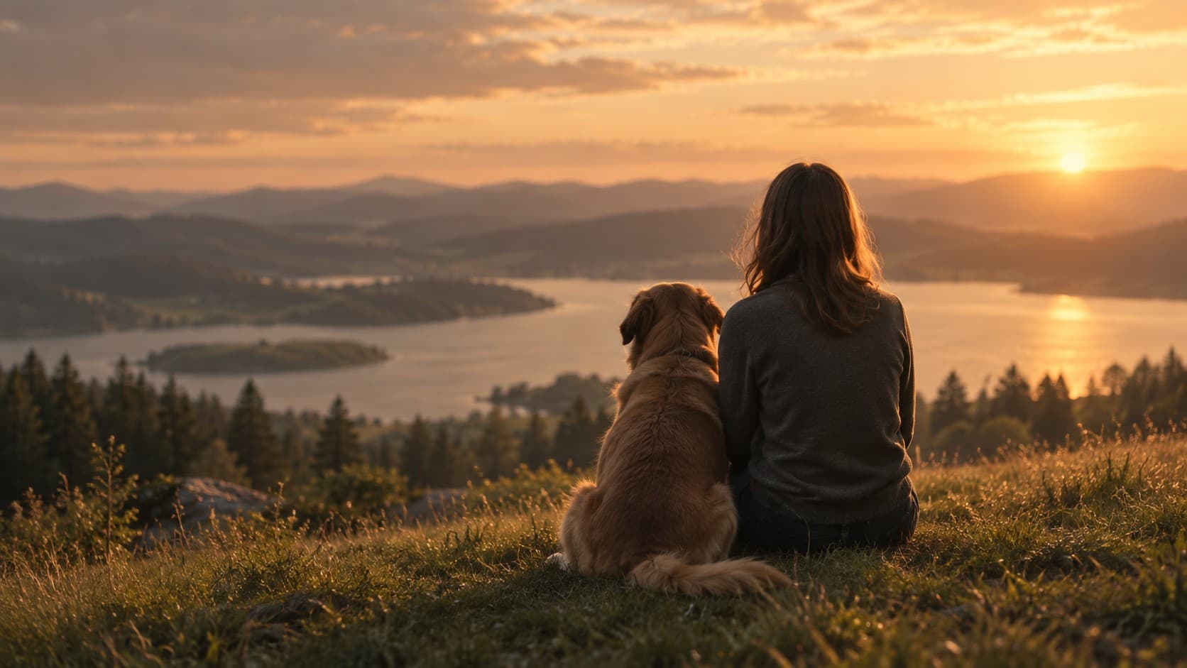 A woman and her dog sitting together on a hillside, looking out over a lake at sunset.